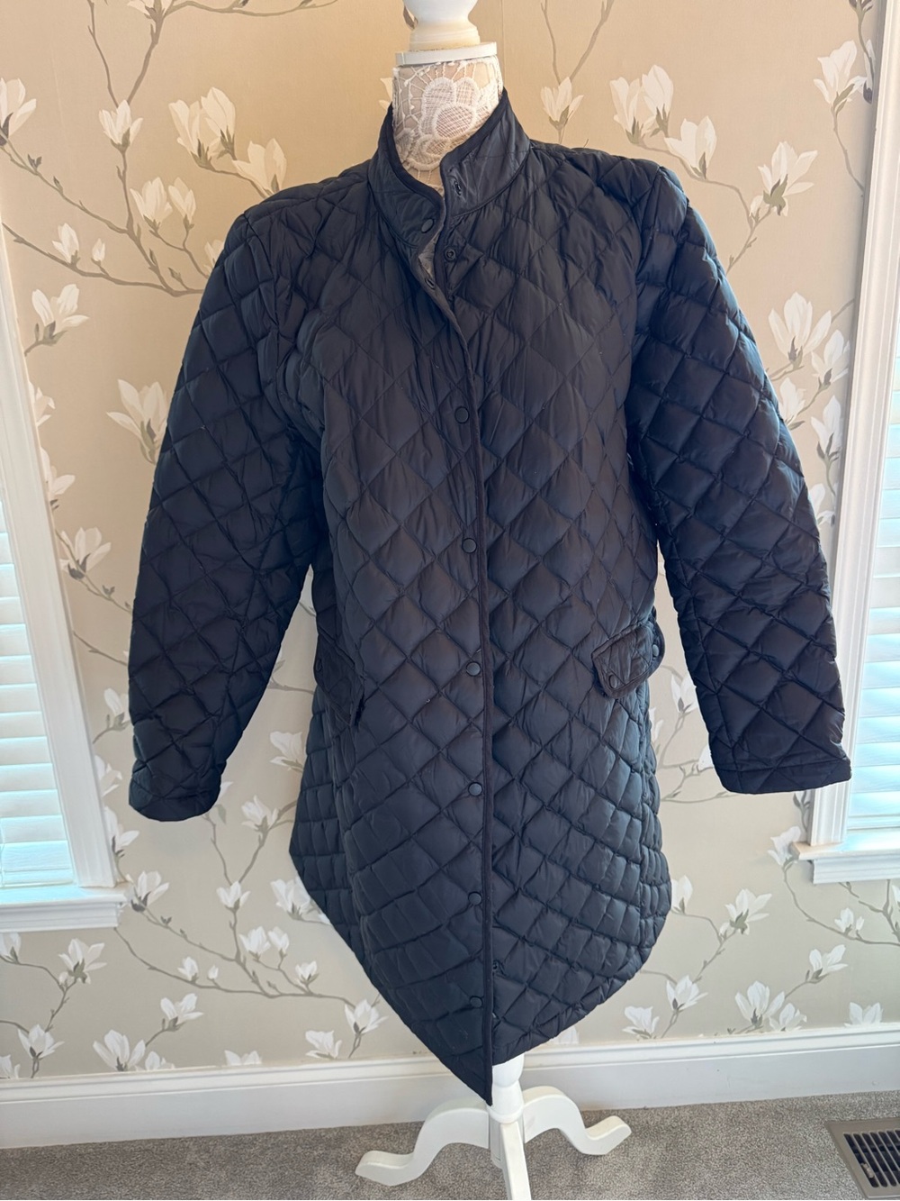 J. Jill Black Diamond-Quilted Longline Puffer Coat